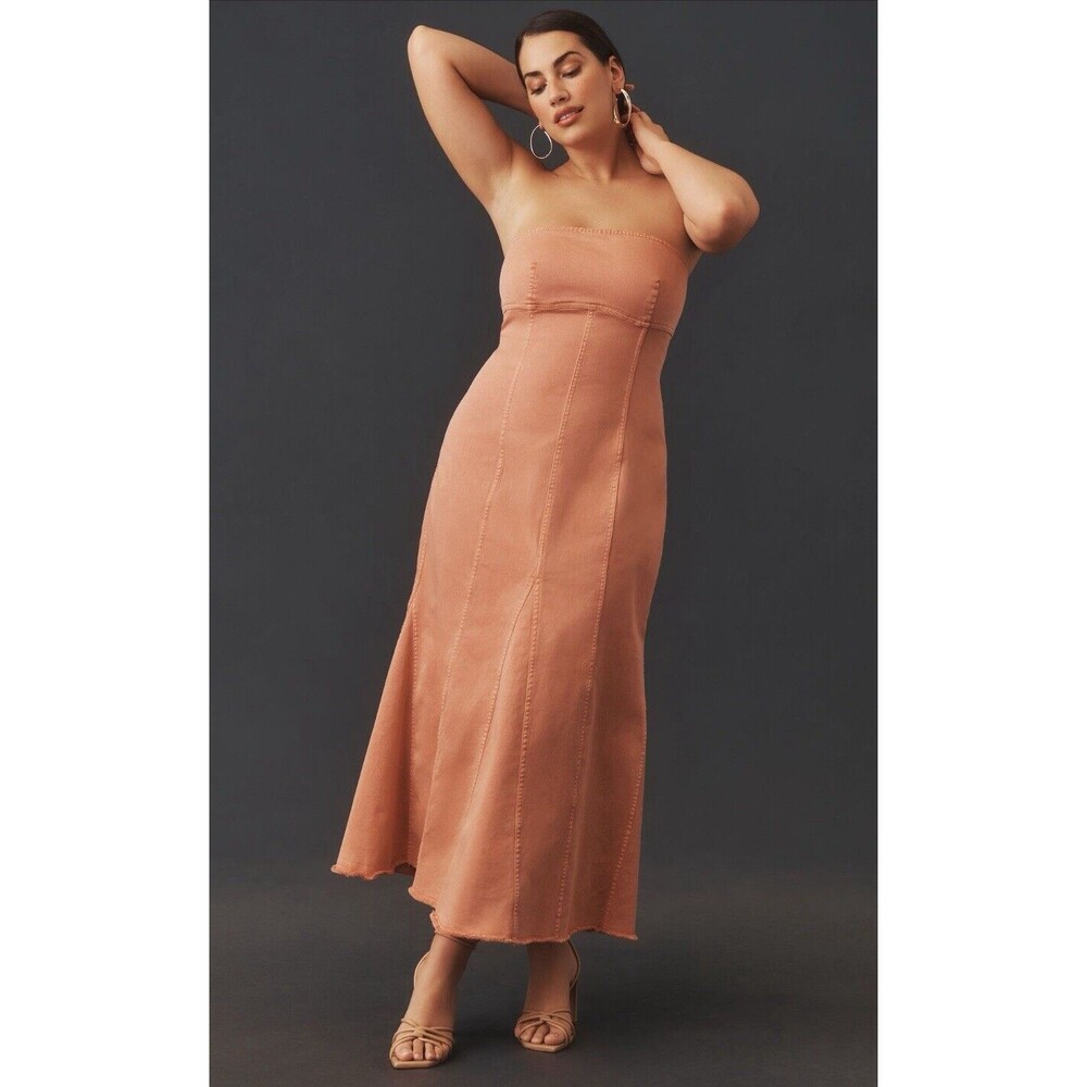 Anthropologie Pilcro Denim Dress Icon Fluted Coral Strapless Vacay Preppy M NWT
